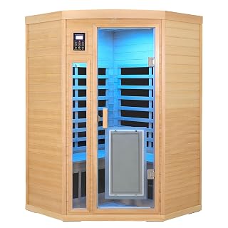 2 Person Infrared Sauna 0-5mG Ultra Low EMF Infrared Sauna Far Infrared Sauna Canadian Hemlock Indoor Corner Sauna with Front Door Heating Panel, Chromotherapy Light - Amazon product rated Grade A