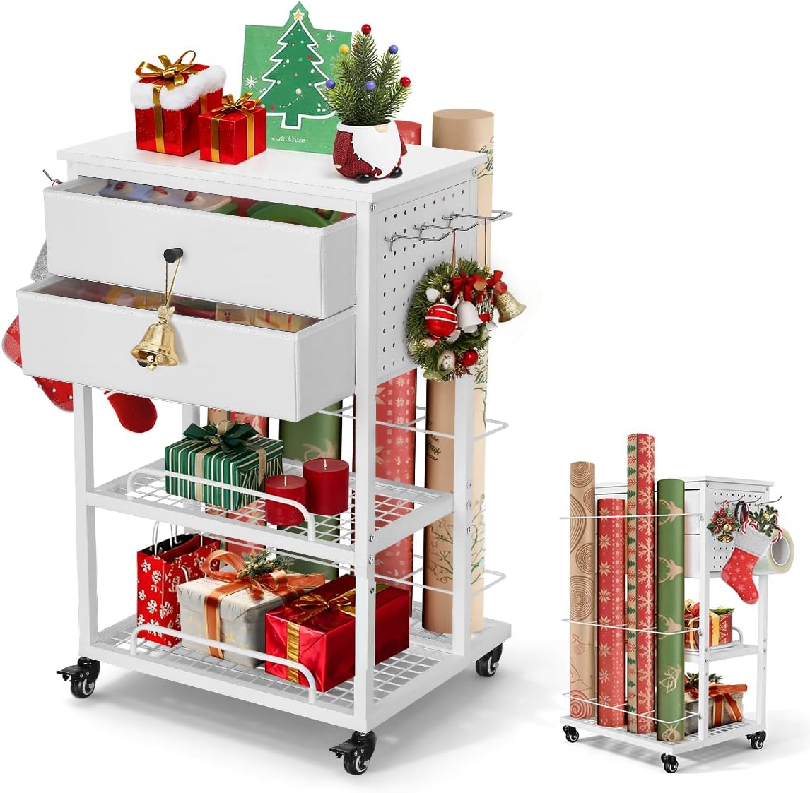 Christmas Wrapping Paper Organizer Storage Cart, Heavy-Duty Gift Wrapping Organizer with 2 Fabric Drawers Space Saving for Ribbons, Gift Bags, Crafts