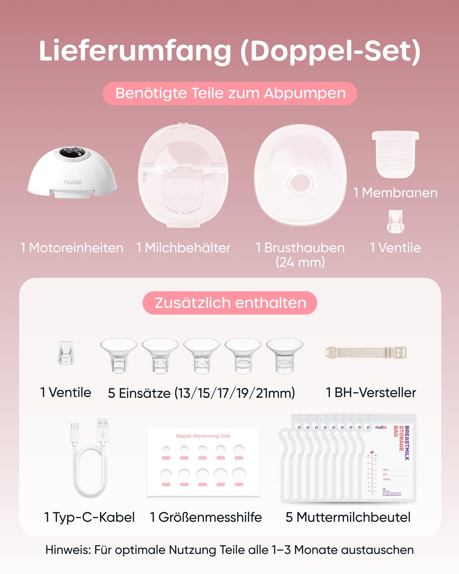 Nuliie Tiralatte elettrico portatile S32, pompa per latte elettrica a mani libere, 4 modalità, 9 livelli con flangia comoda da 18/21/24 mm, privata, con accessori di ricambio inclusi (1 pacco, rosa)