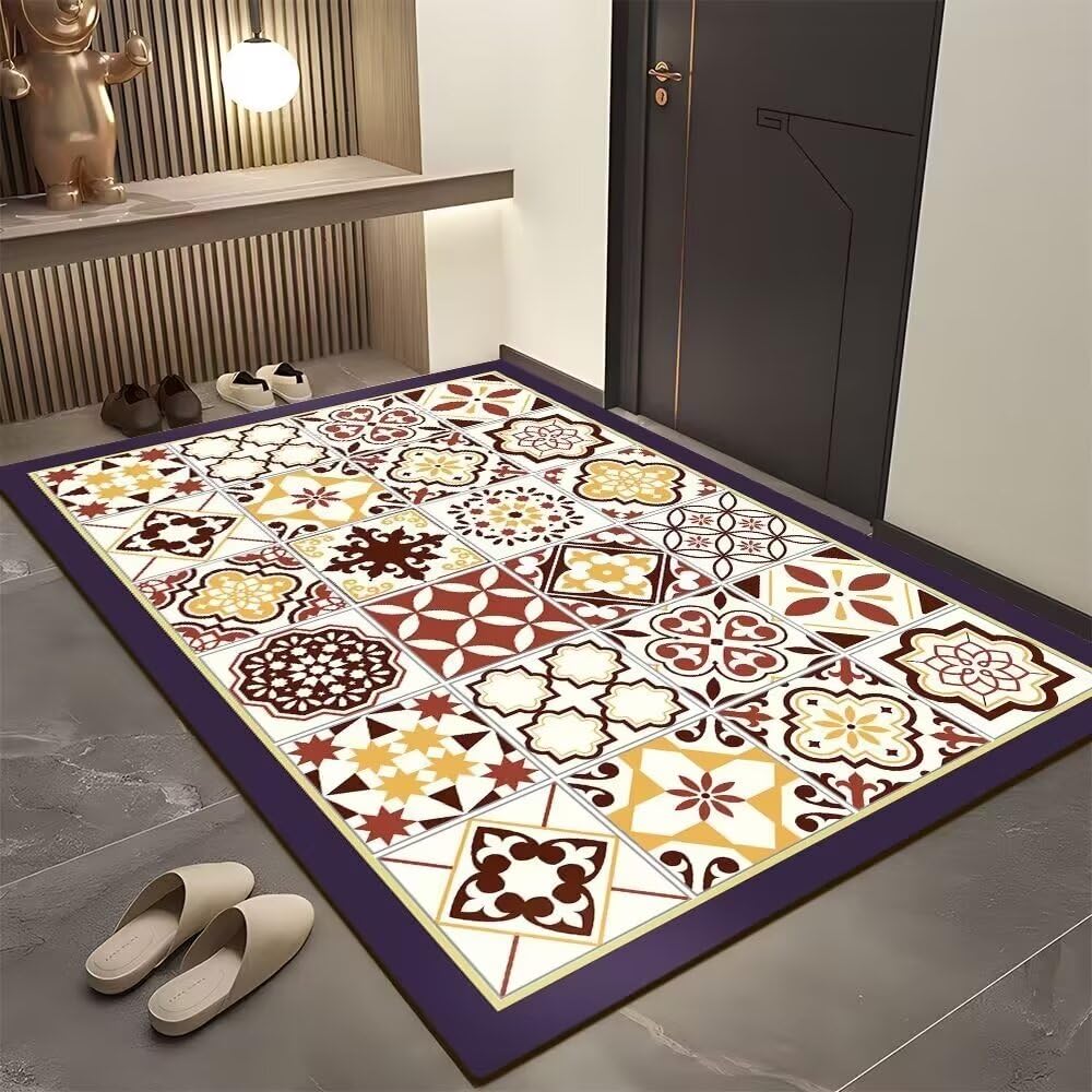 Tapis d'entrée lavable à motif floral jaune et bleu, format rectangulaire 100x160