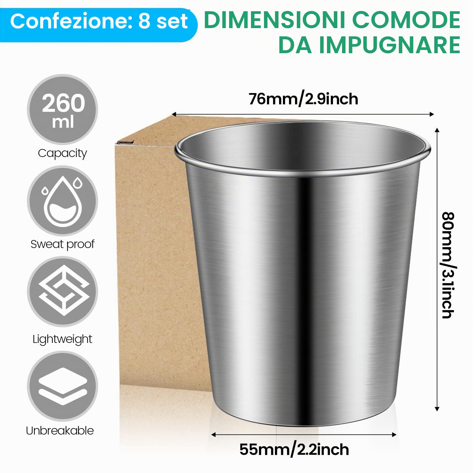 Tazze In Metallo Riutilizzabile, 8 Pezzi Tazza Acciaio Inox, 260 ml Bicchieri, Impilabile Tazza Acciaio Inox Campeggio, Adatto per Famiglia, Picnic, Viaggi, Barbecue, Escursioni
