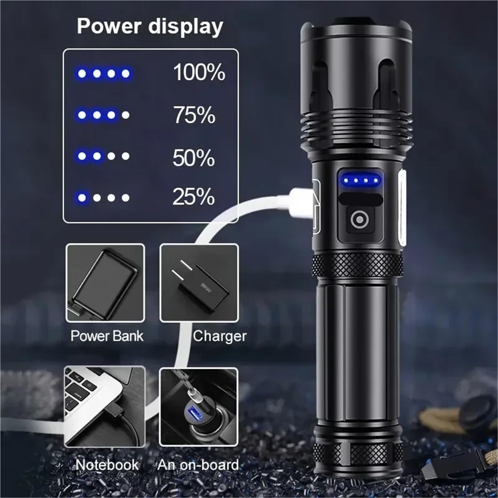 Torcia LED Torcia a LED con luci laterali, torcia ad alta potenza, lampada da campeggio tattica ricaricabile tramite USB,campeggio