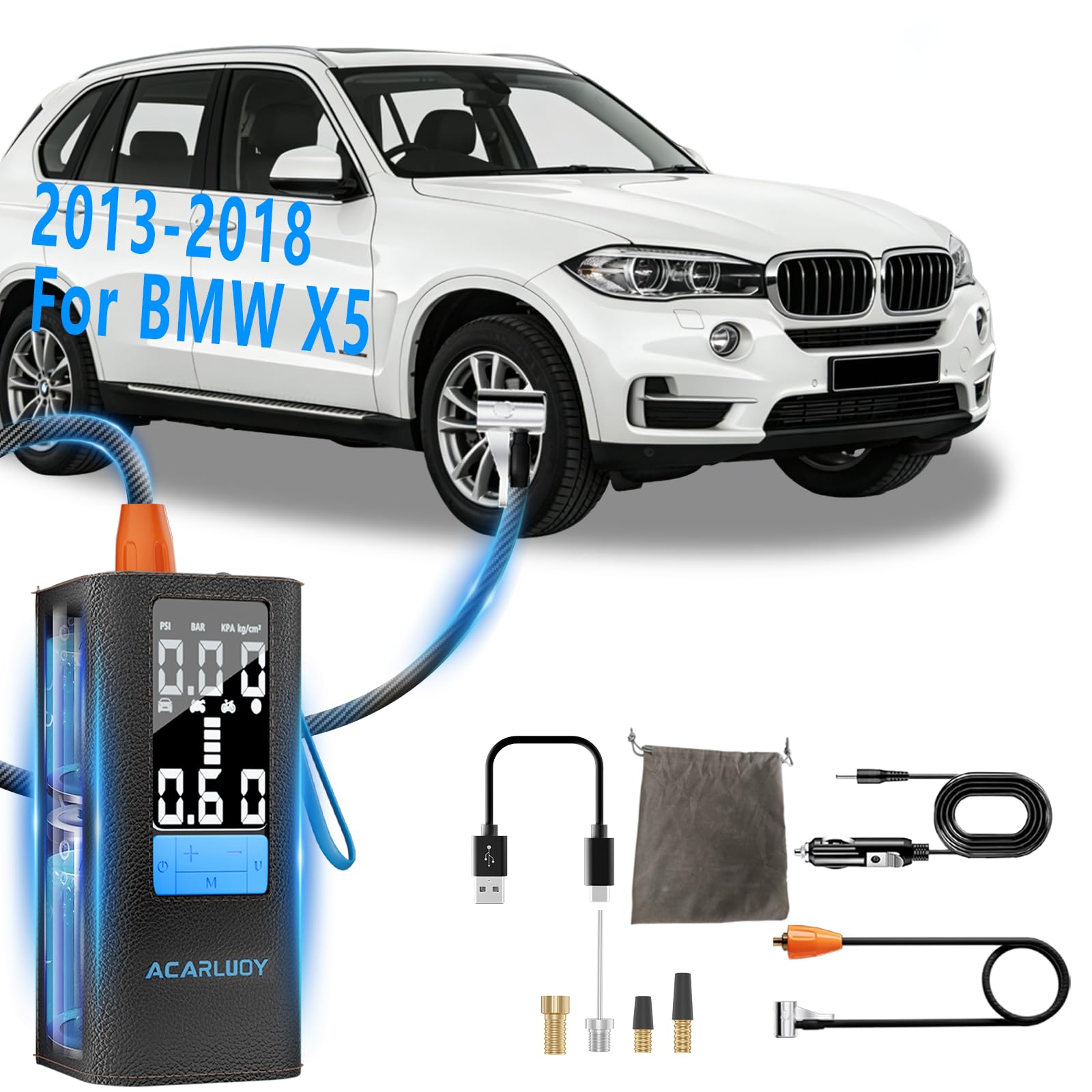Tire Inflator Portable Air Compressor Fit for BMW X5 F15 2013-2018 3X Faster Inflation Emergency LED Flashlight Auto-Shutoff