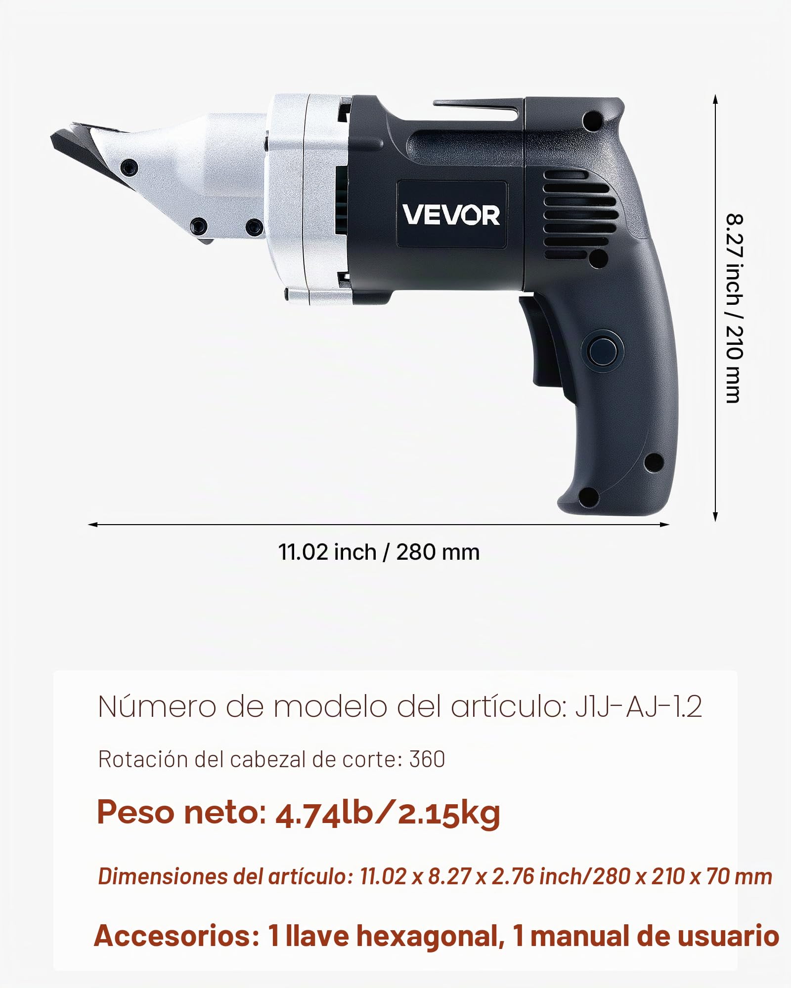 VEVOR Tijeras Eléctricas para Chapa Metálica, con Cable de 4.0 A, Cabezal Giratorio de 360°, Velocidad Variable, Corte Continuo y Limpio para Acero Galvanizado 1,22 mm y Acero Inoxidable 1 mm