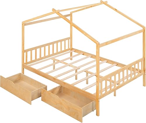 Miniatura 33 de P PURLOVE Cama de casa de tamaño individual para niños, adolescentes, cama de plataforma de madera con cabecero y estribo, cama de piso para niños