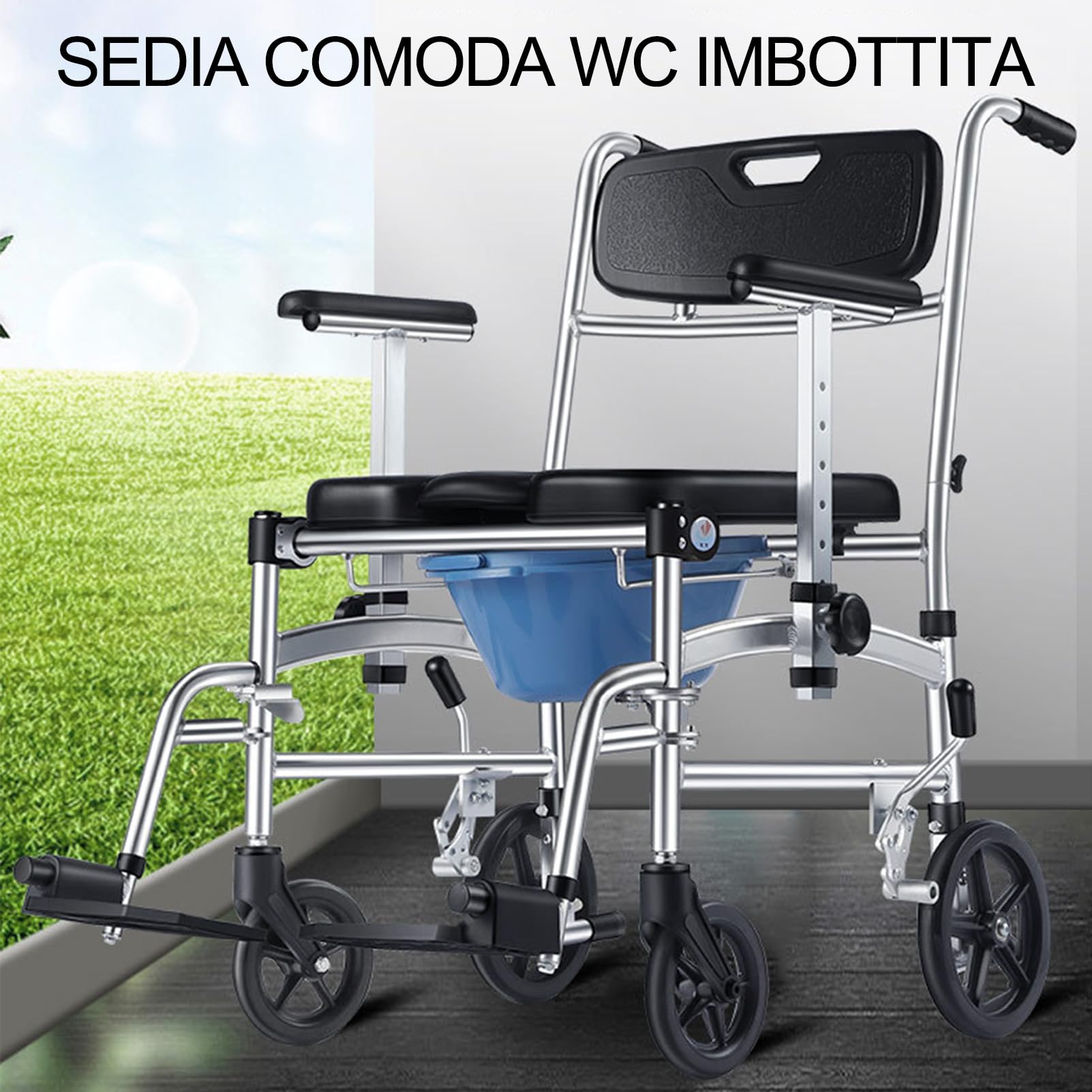 Sedia Doccia Disabili con Ruote, Sedia a Rotelle Doccia, Sedia Comoda WC per Anziani con Ruote, Sedia Wc per Disabili, Sedia Multifunzione Anziani, Comoda Wc Portatile