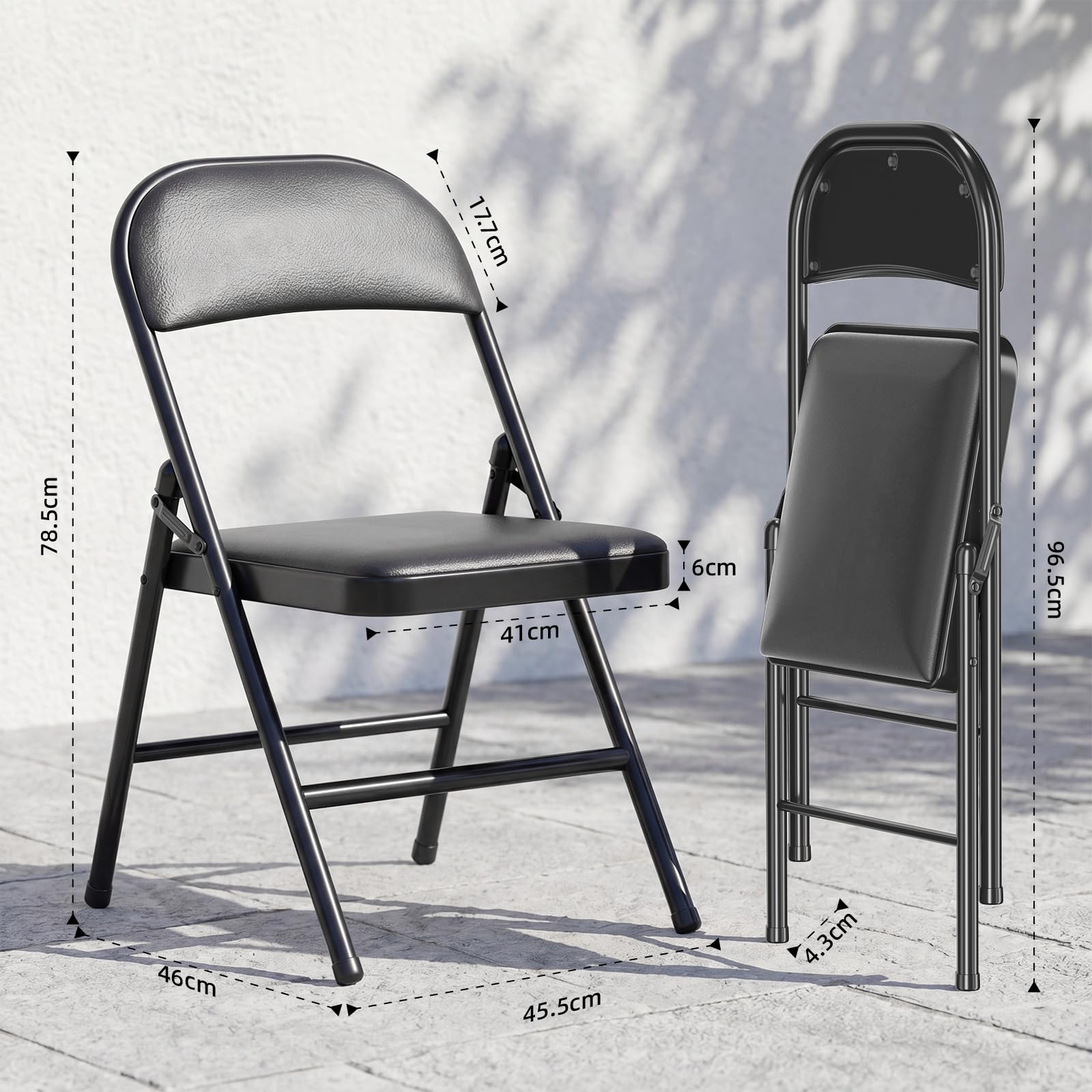 Lot de 6 Chaises Pliantes Rembourrées, Charge 158 kg, Cadre en Acier, Simili Cuir PU, Pliable Gain de Place, sans Montage, pour Salon, Salle à Manger, Camping, Jardin, Réception, Noir