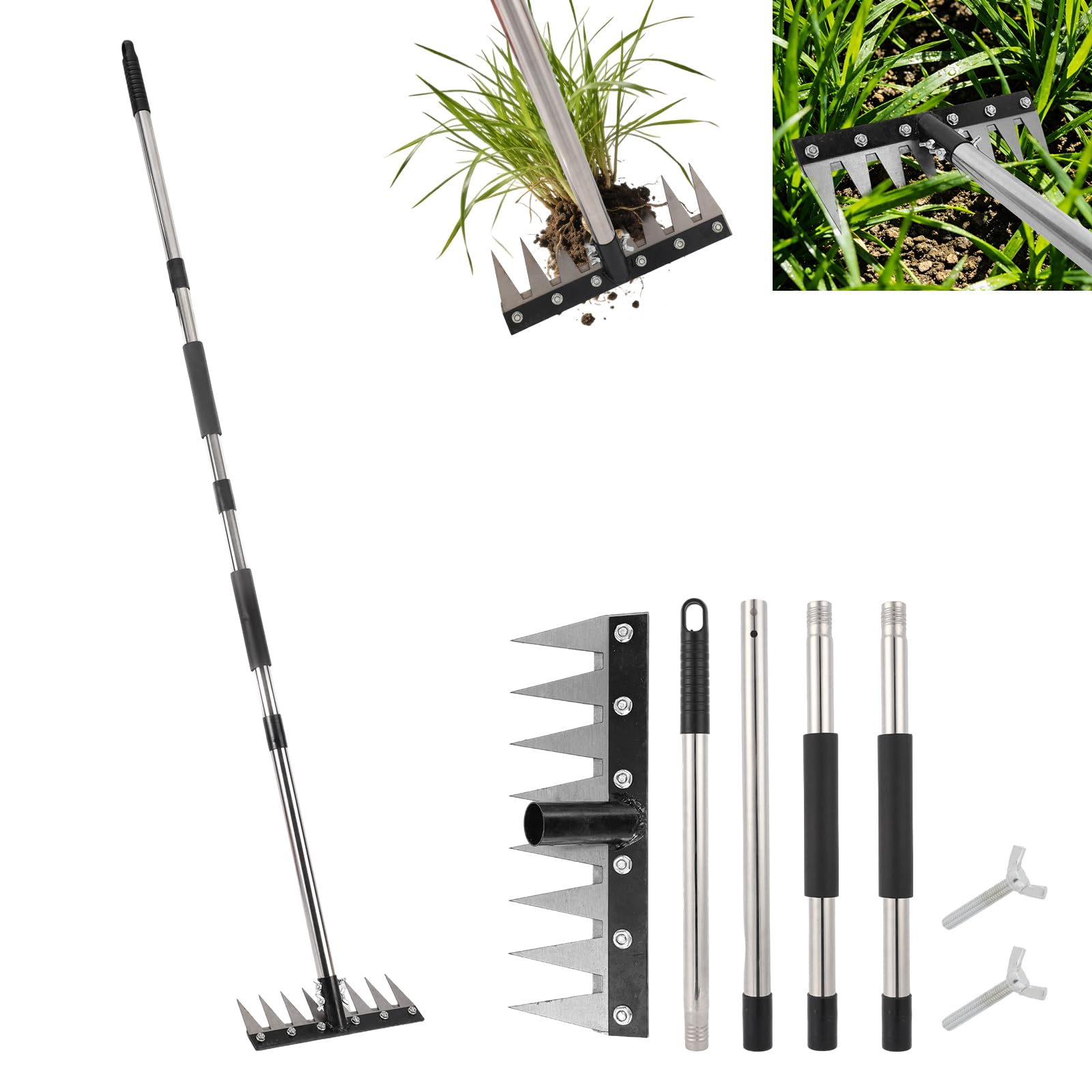 8 Tines Manual Weeding Rake, Durable Stainless Steel Garden Weeding Puller Tool with Long Handle for Clearing Fallen Leaves Cultivation Yard Maintenance