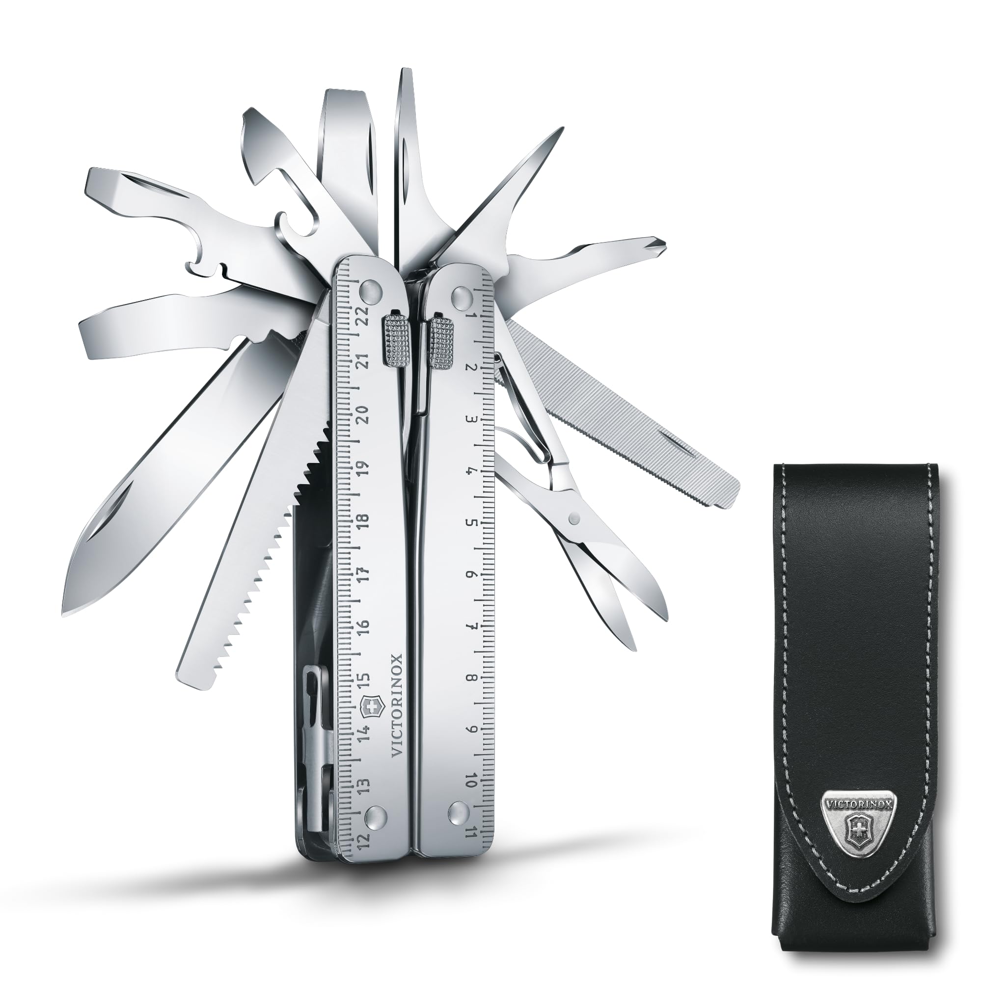 Victorinox Multifunktionstool, Swiss Tool X mit Leder-Etui, Taschen Werkzeug, Multitool mit Kombi-Spitzzange, Feststellklinge