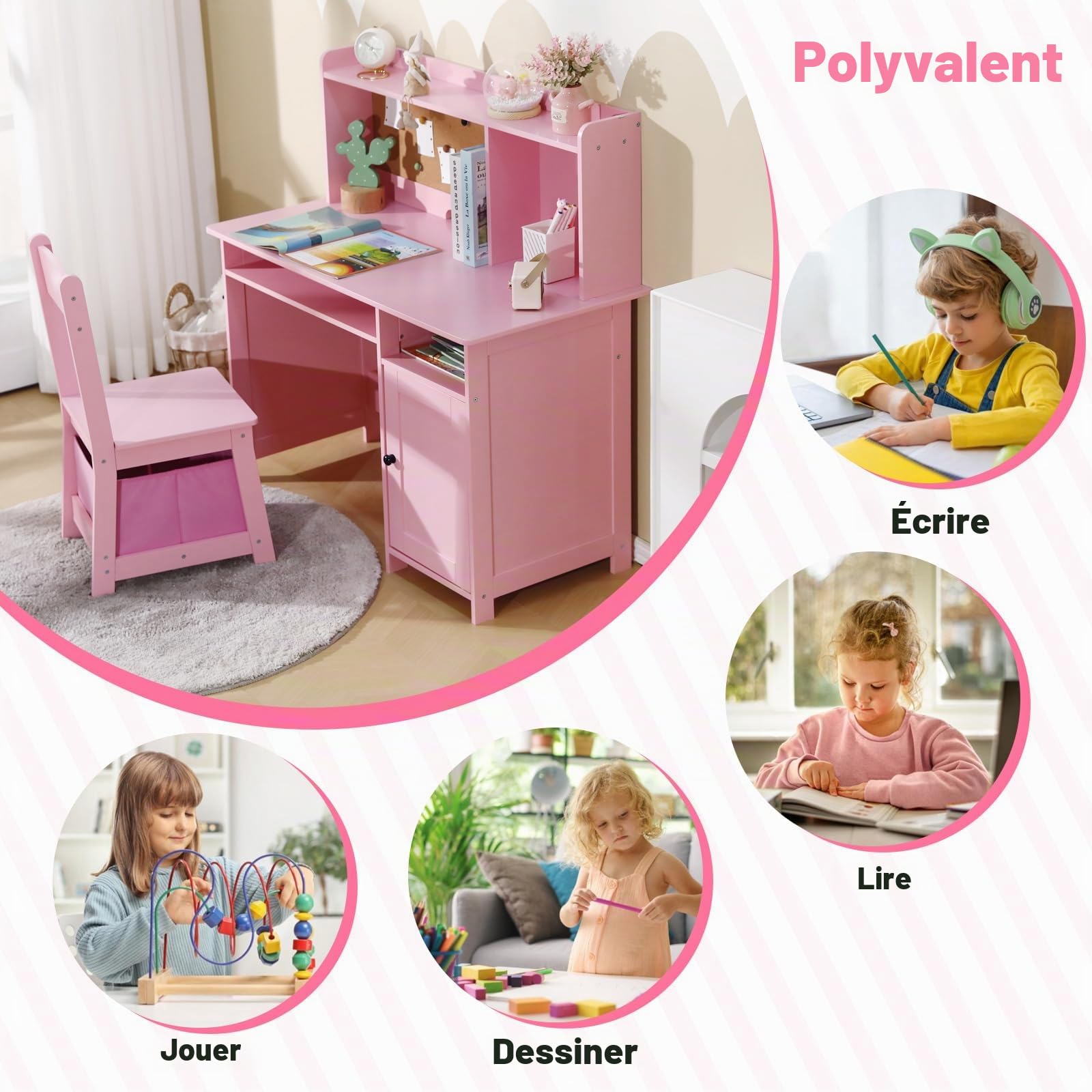 JOYLDIAS Bureau pour Enfant en Bois avec Chaise, Table d'apprentissage Multifonction avec étagères et Rangement (Rose)