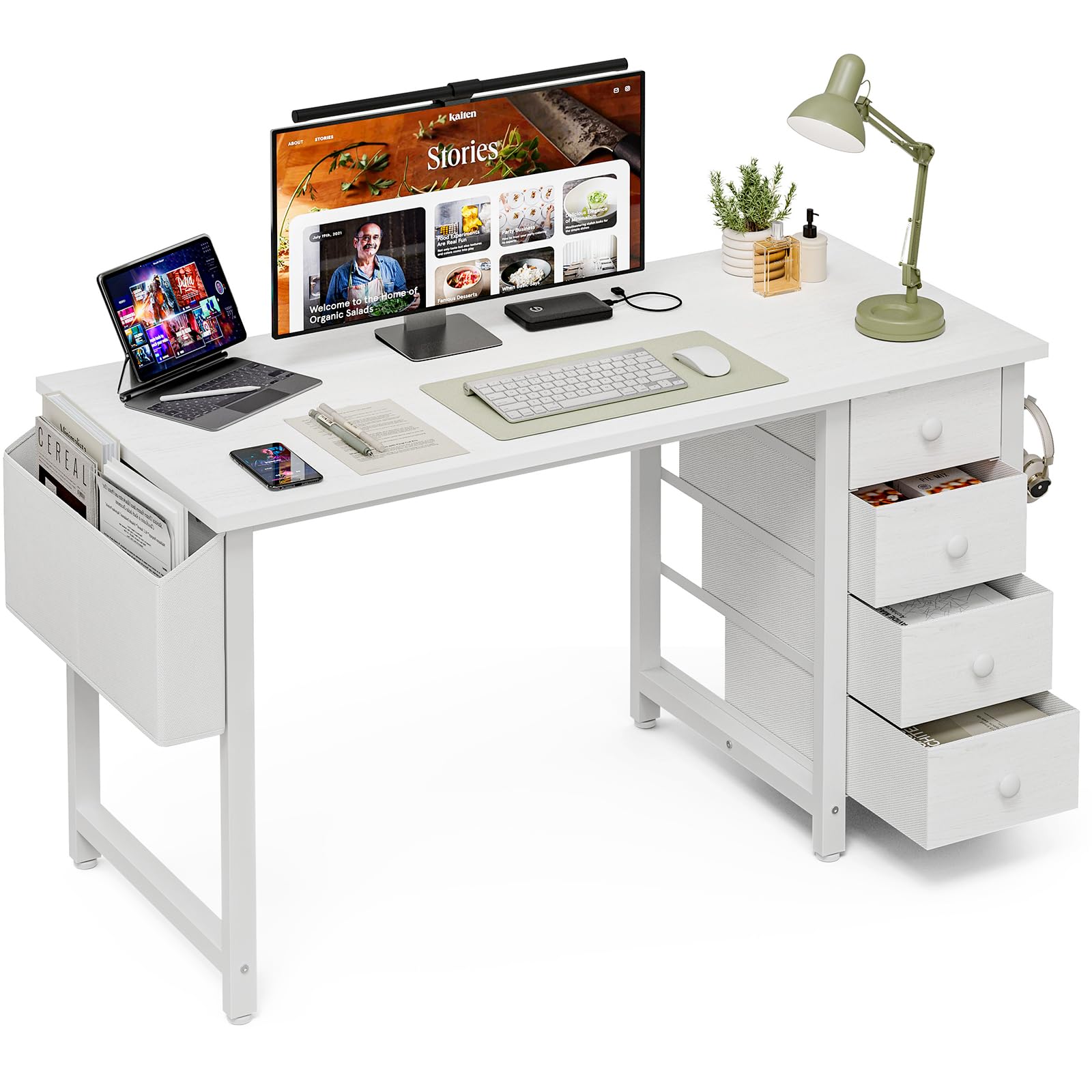 Grandder 100 cm Kleiner Computertisch mit 4 Stoffschubladen, Reversibler Schreibtisch für Kinder, Jugendliche & Homeoffice, Moderner Arbeitstisch für Schlafzimmer & kleine Räume, Weiß