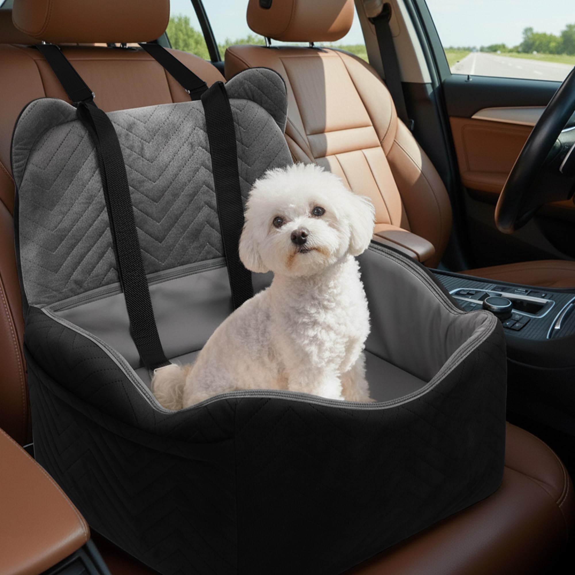 Anywish Dog Car Seat for Small/Medium Dogs Up to 30 lbs, Memory Foam Dog Booster Car Seats with Waterproof PU Cover, Pet Seat with Storage Pockets & 2