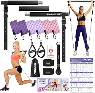 Pilates Stange, Pilates Bar Set mit 3 Paar Widerstandsbänder(20/25/30Lbs), Metall-Einstellung Schnalle & Ausbildung Poste...