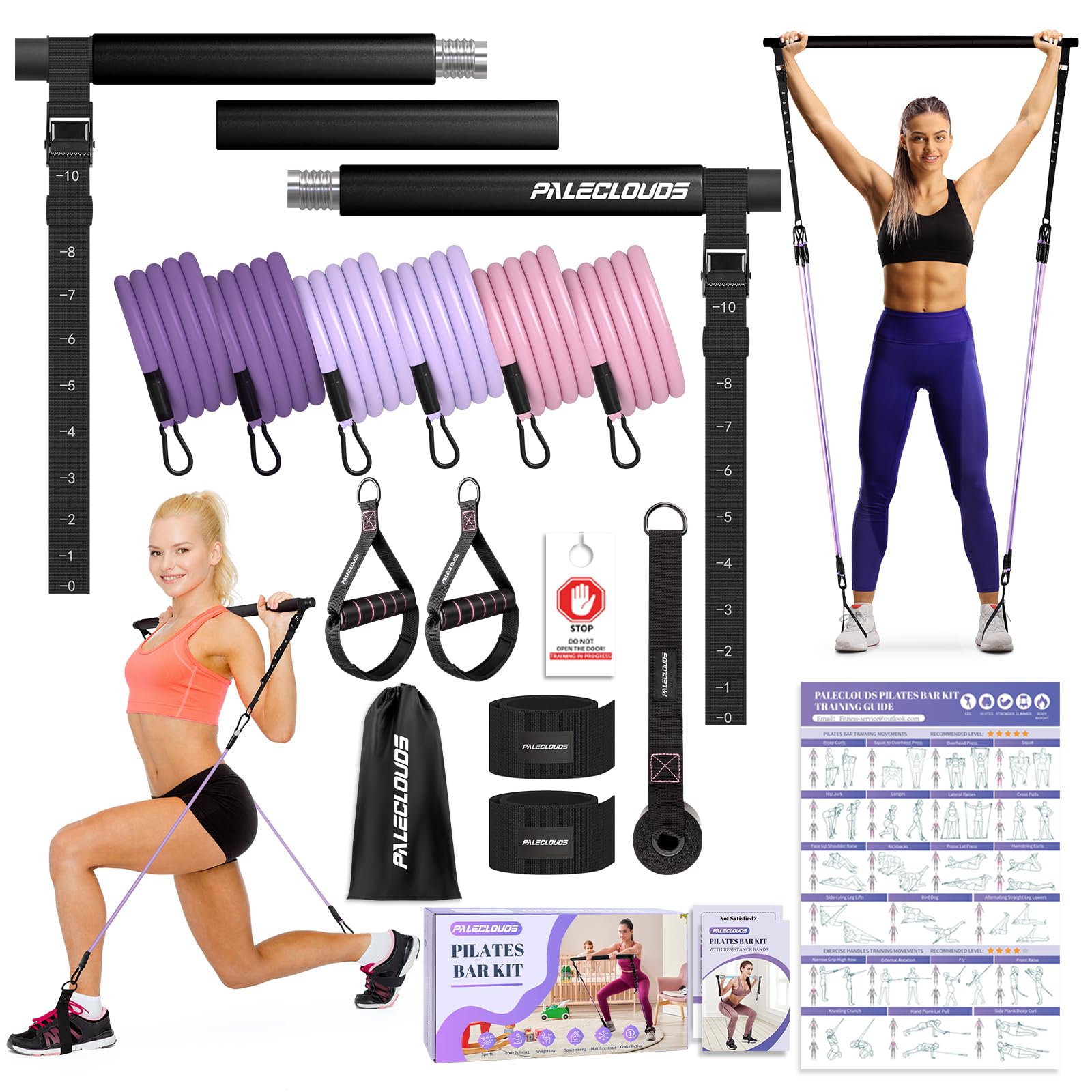Pilates Bar Kit for Women, 3-Section Screw Portable Pilates Bar with Metal Adjustable Buckle, Resistance Bands with Durable Carabiner, Multifunctional Pilates Bar for Full-Body Workout