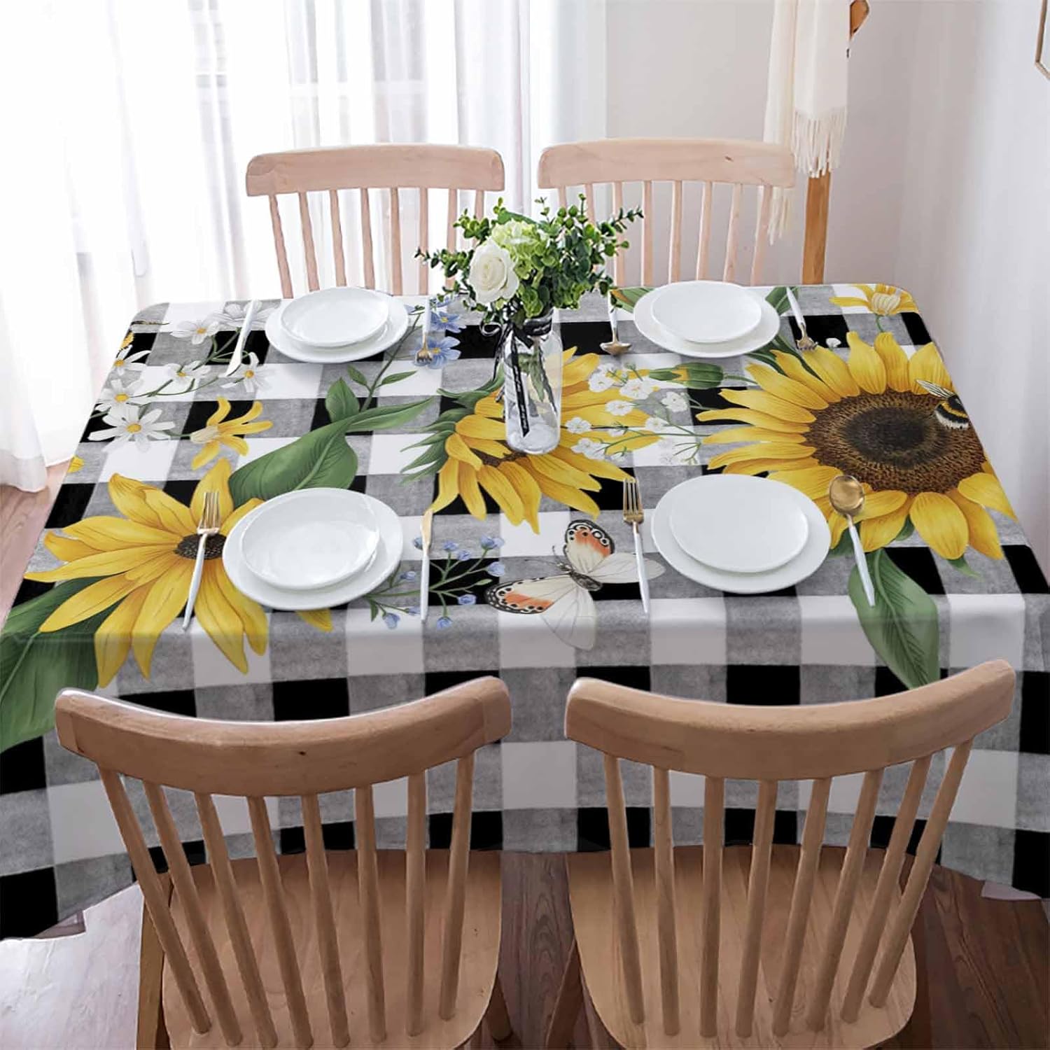 Tablecloth for Rectangle/Oval Tables 52 x 70 Inch Summer Sunflower Black and White Buffalo Plaid Fabric Table Cover Waterproof Washable Table Cloth for Dinning Wedding Party Outdoor Picnic Decorative