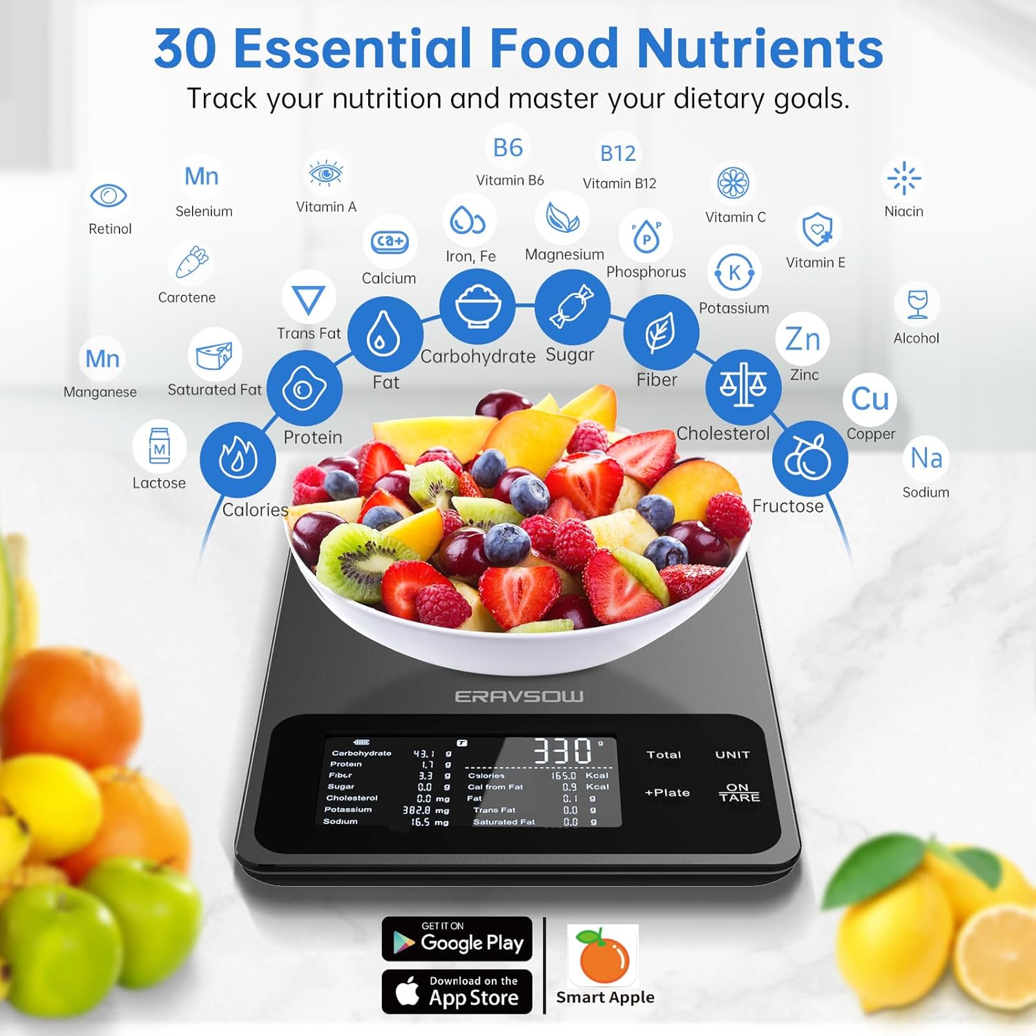Smart Food Kitchen Scale with Nutritional Calculator, 30 Nutrients App for Tracking Calories, Fat, Carbs & Protein, Personal Goals and Daily Reports, On-Screen Nutrient Info, 22lb/10Kg