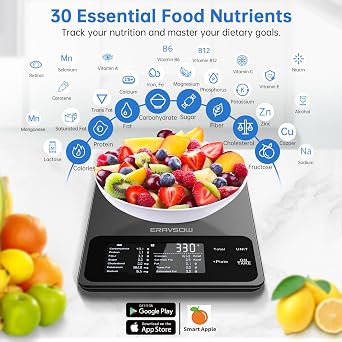 Smart Food Kitchen Scale with Nutritional Calculator, 30 Nutrients App for Tracking Calories, Fat, Carbs & Protein, Personal Goals and Daily Reports, On-Screen Nutrient Info, 22lb/10Kg