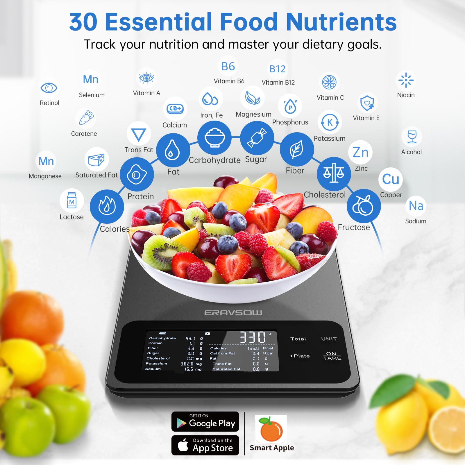 Smart Food - Bilancia da cucina con calcolatrice nutrizionale, app 30 nutrienti per il monitoraggio di calorie, grassi, carboidrati e proteine, obiettivi personali e rapporti giornalieri, informazioni