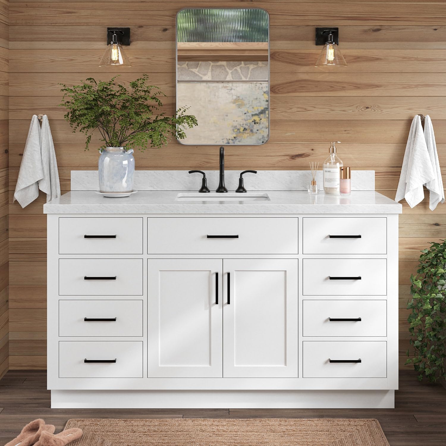 ARIEL Hepburn 60-inch Bathroom Vanity with Sink,Solid Wood, 1.5-inch Italian Carrara Marble Countertop, Single Rectangular Porcelain Sink, 2 Soft Closing Doors, 9 Dovetail Drawers, White