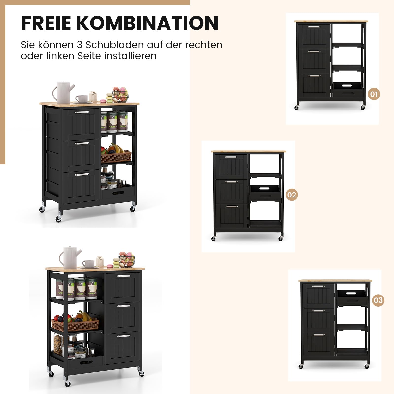 COSTWAY Küchenwagen mit Tablett, Regalen und 3 großen Schubladen, Küchenschrank rollbar, Kücheninsel aus Kautschukholz, Servierwagen 67 x 37 x 83,5 cm (Schwarz)