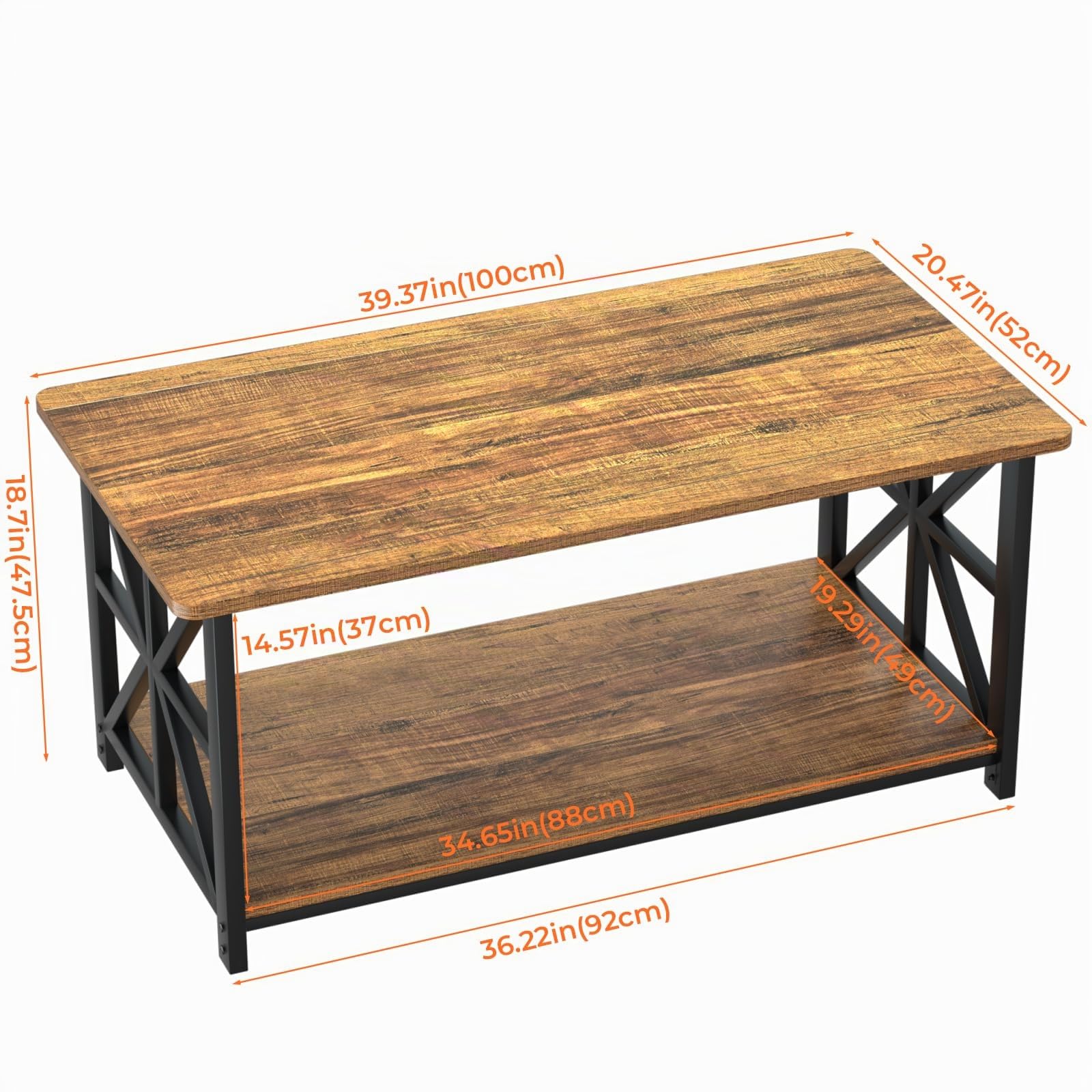 GreenForest Mesa Auxiliar con Esquina Redonda, Mesa Central de Granja con Estante de Almacenamiento de 2 Niveles, diseño de Marco en X para Sala de Estar, 99 cm, Nogal