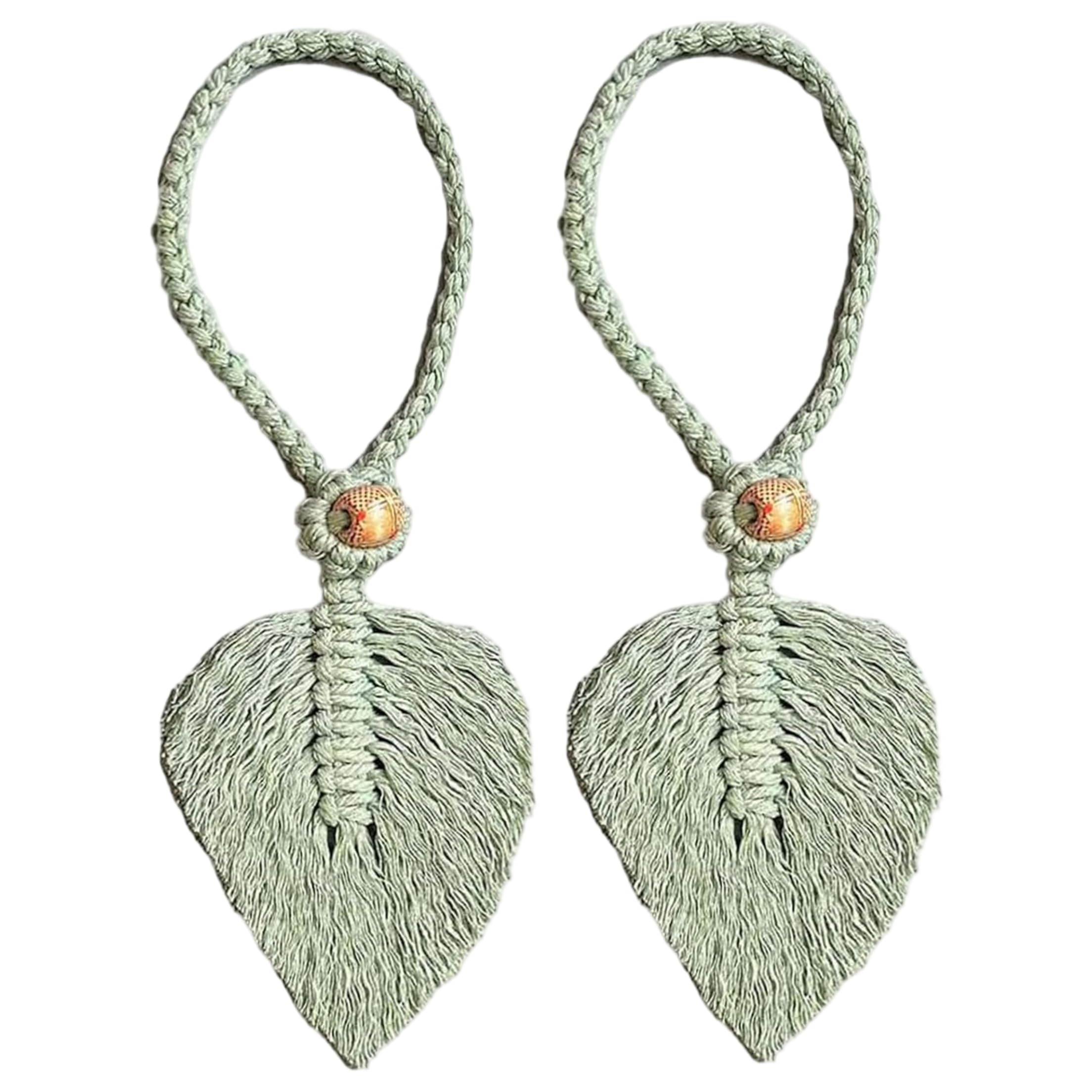 Bemonew 2-Pack Boho Curtain Tiebacks, Handwoven Leaf Curtain Holdbacks with Decorative Beads Tie Backs for Sheer Curtains (Green)