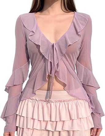 Womens Y2K Ruffled Cardigan Tops Sexy Sheer Mesh Long Sleeve V Neck Tie Front Crop Tops Summer See Through Top
