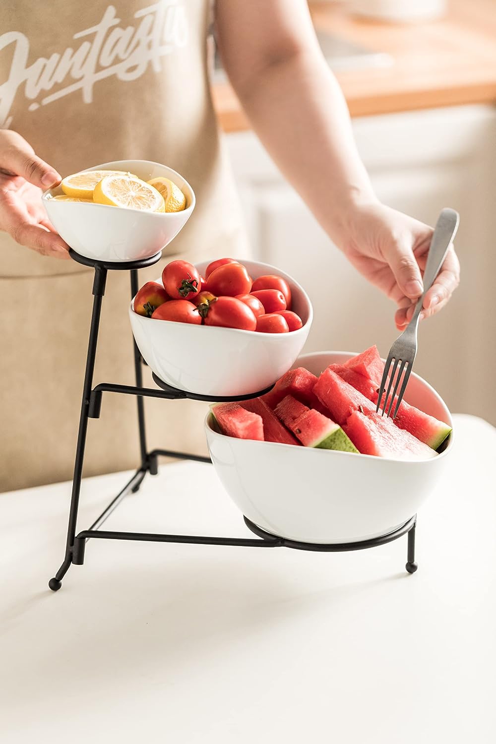 LAUCHUH Chip & Dip Serving Set Porcelain Divided Serving Platter/Tray 3 Tier Serving Stand for Chip and Dip Set Oval Serving Bowl Set for Entertaining