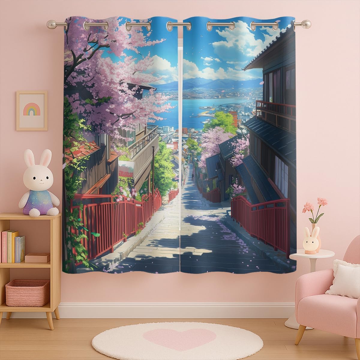 Japanese Anime Blackout Curtains for Girls Boys Kids Home Decor, Cherry Blossom Street Blue Sea Grommet Thermal Insulated Drapes Darkening Window Curtain for Bedroom Living Room, 63 x 63 Inch
