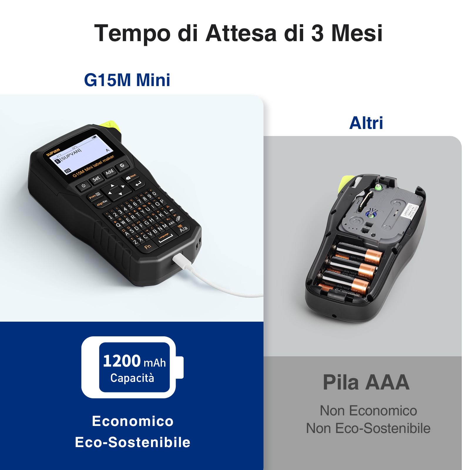 SUPVAN G15M Mini Stampante per Etichette da Tastiera con Batteria, Compatibile 6-15mm Carta/Tubi Termorestringenti, Ideale Casa-Ufficio-Industria, Include 2 Rotoli: 12mm Bianca + Tubi Termo