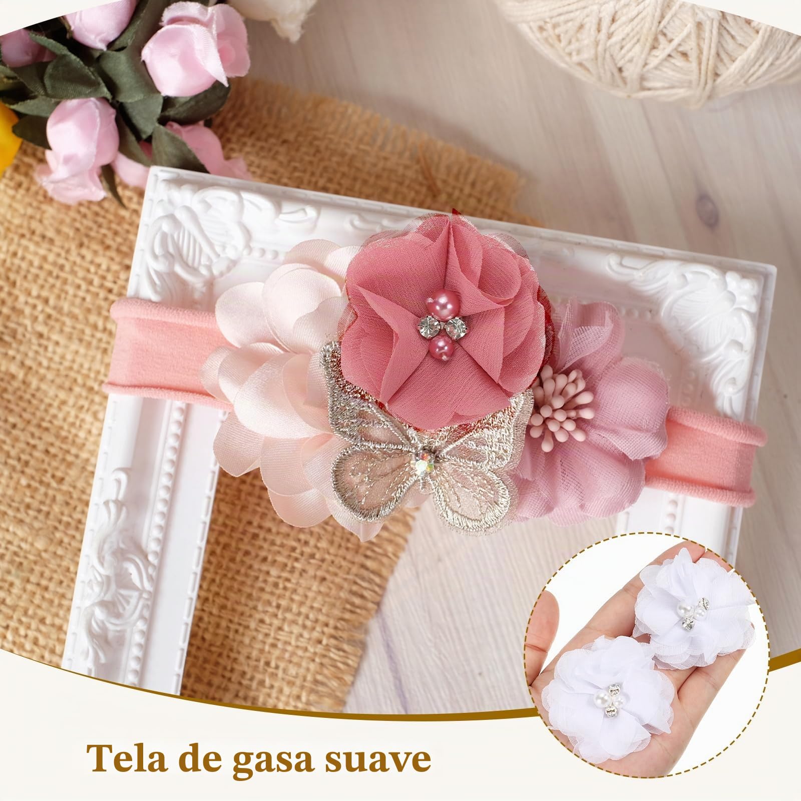 PATIKIL 2" Flores de Gasa, 12Pcs Flores de Tela con Estrás y Perlas Artificiales para Coser, Adornos para Ropa, Bricolaje de Bodas, Decoración de Diademas, Blanco