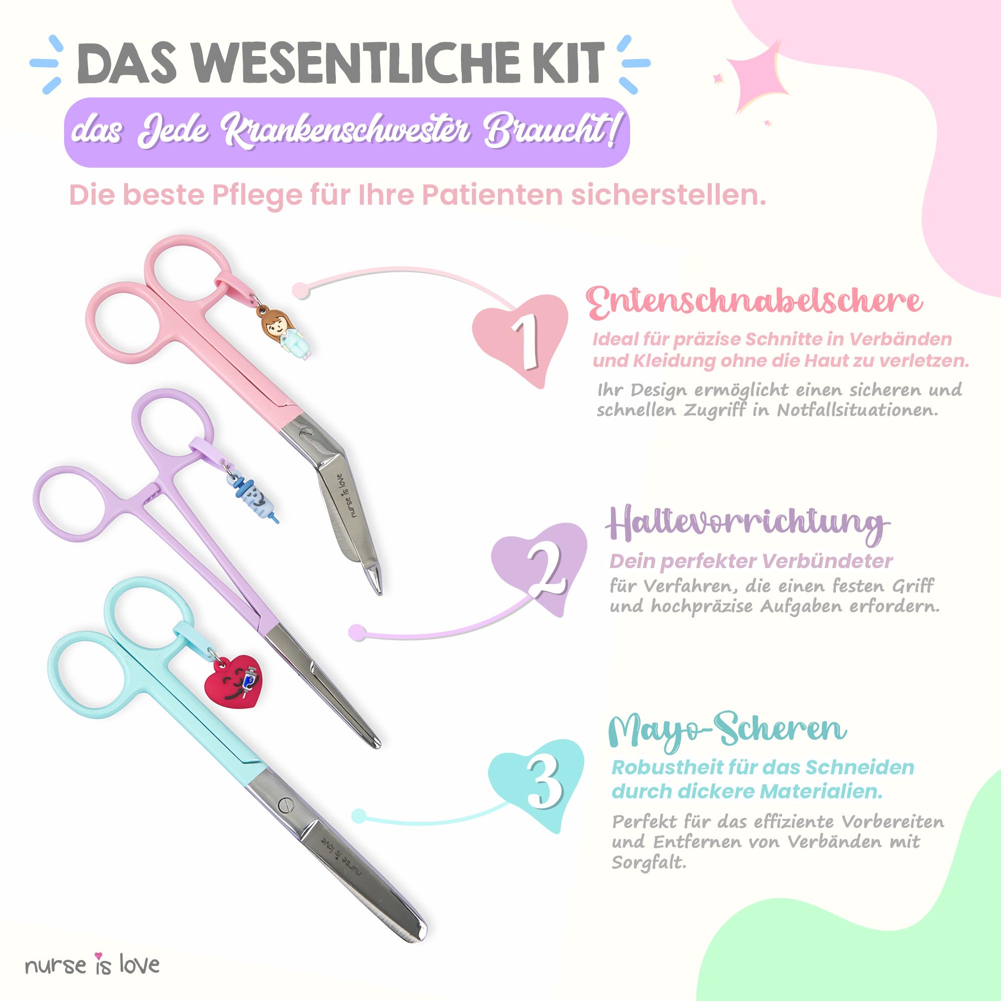 Nurse is Love Set 3 Stück Krankenschwester-Scheren Pico de Pato & Gerade Mayo + Halterungswerkzeug | Scheren mit Roma-Spitze, Zubehör für Krankenschwestern, Erste Hilfe