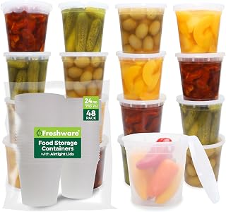 Freshware 24 oz BPA-Free Meal Prep Containers with Leakproof Lids, Stackable Deli Cups for Soup Slime Food Storage, Microwave Freezer Safe, 48 Pack