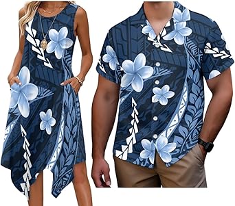 Men and Women Matching Outfits Womens Tank Flowy Dresses Asymmetrical Dress Mens Button Down Short Sleeve Shirts