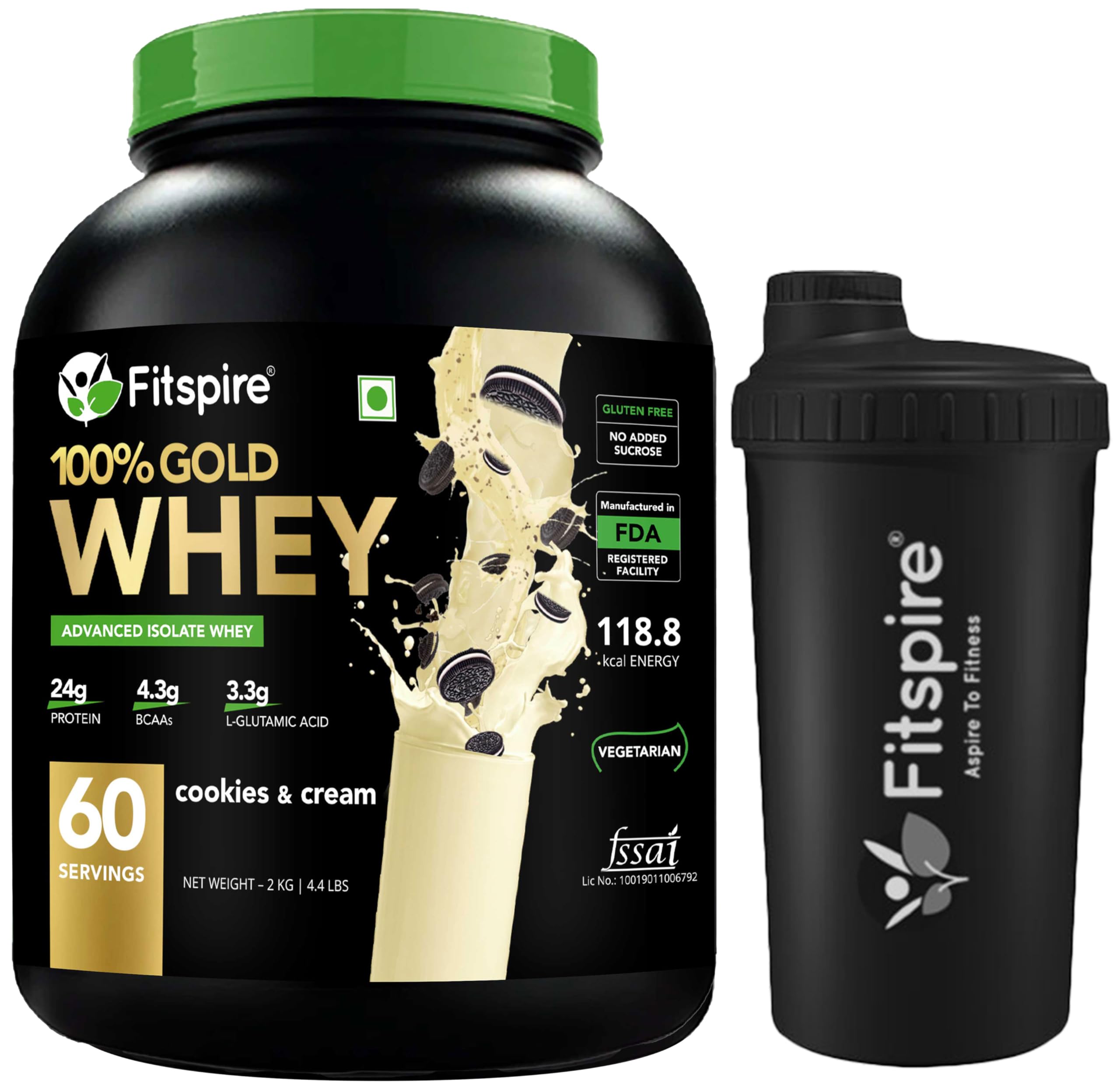 Fitspire Gold Whey Protein Isolate 2kg | 24g Protein, 4.3g BCAA, 14.12g EAA | Muscle Gain, Workout Recovery | Cookies and Cream | Digestive Enzymes Digezyme & Free Shaker | Best Whey for Gym