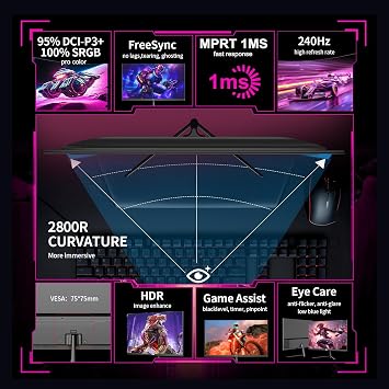 ZZA 25 Curved Gaming Monitor, 240Hz|144Hz FHD(1920 * 1080P) VA Screen Computer Monitor, Supports Freesync, 120% sRGB, Blue Light Filter,AMD Freesync, Wall Mountable Installs(HDMI 1.4/DP 1.2)