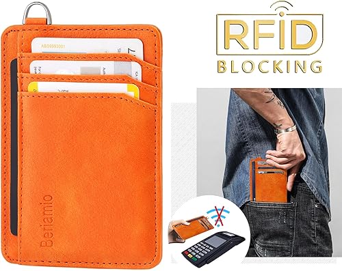 Miniatura 8 de Hypotenuse Groove Slim Minimalista Bolsillo frontal Bloqueo RFID Tarjetero Cartera con grillete en D para hombres y mujeres, Albaricoque, Minimalista
