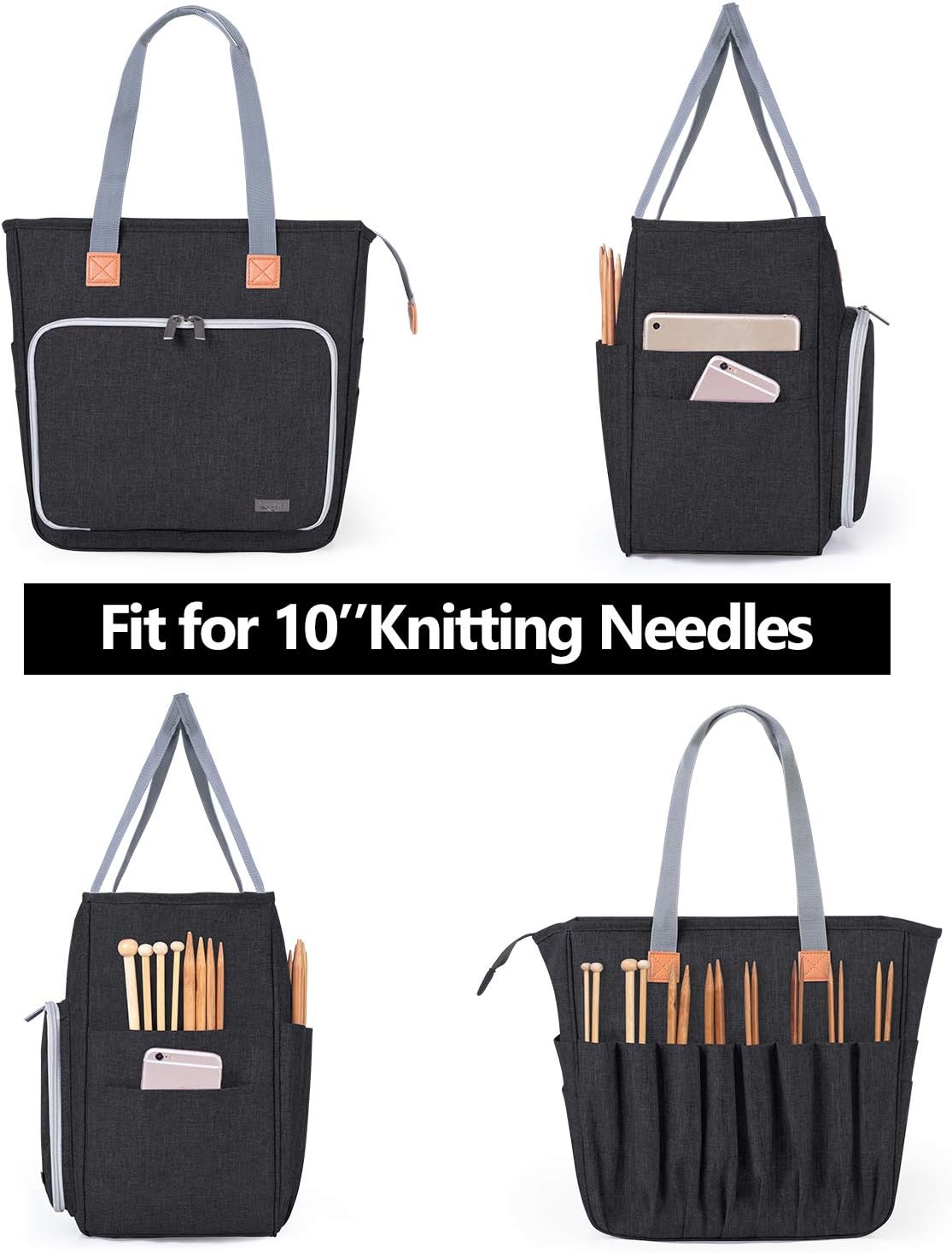 Luxja Knitting Tote Bag, Yarn Storage Bag for Carrying Projects, Knitting Needles, Crochet Hooks and Other Accessories, Black