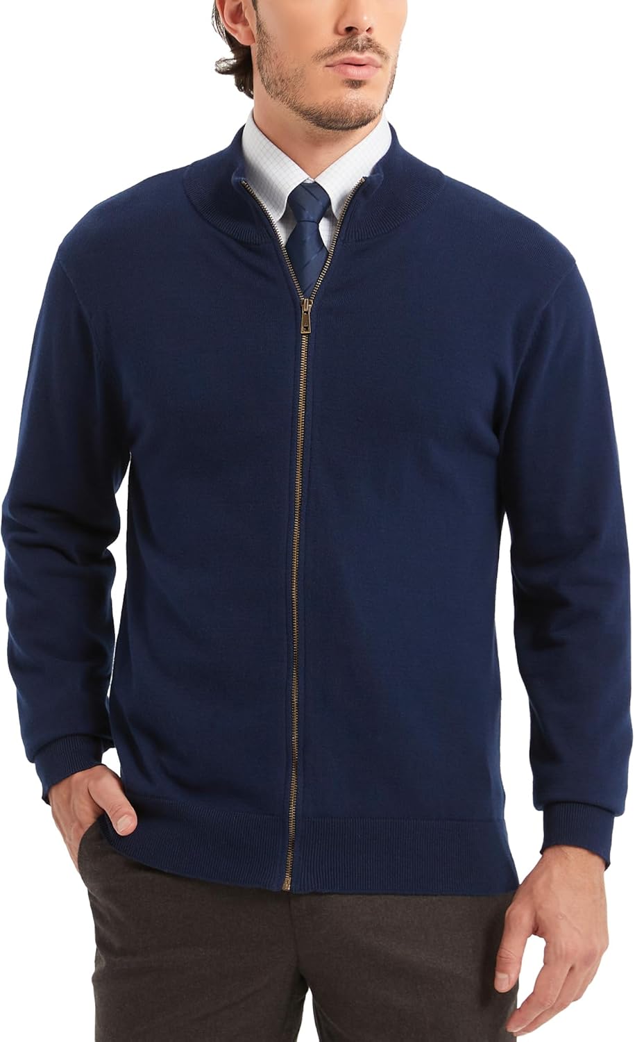 Kallspin Men's Full Zip Up Sweater Cardigan Pure Cotton Stand Collar Sweater Classic Lightweight Cardigan