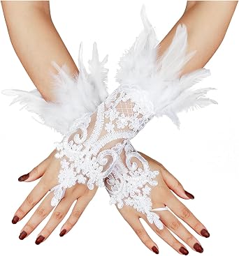 LVOW 2Pcs Gothic Black Lace Feather Long Gloves for Women Halloween Witch Costume Swan Wristband Cuff