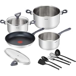 Bateria De Cocina Eco Tefal Daily Cook – Batería de cocina de 4 piezas + 5 accesorios: Sartén 28 cm, cazo 16 cm, cacerola 20/24 cm de acero inoxidable, tapa, 5 accesorios, Thermospot, apto todas las cocinas y horno