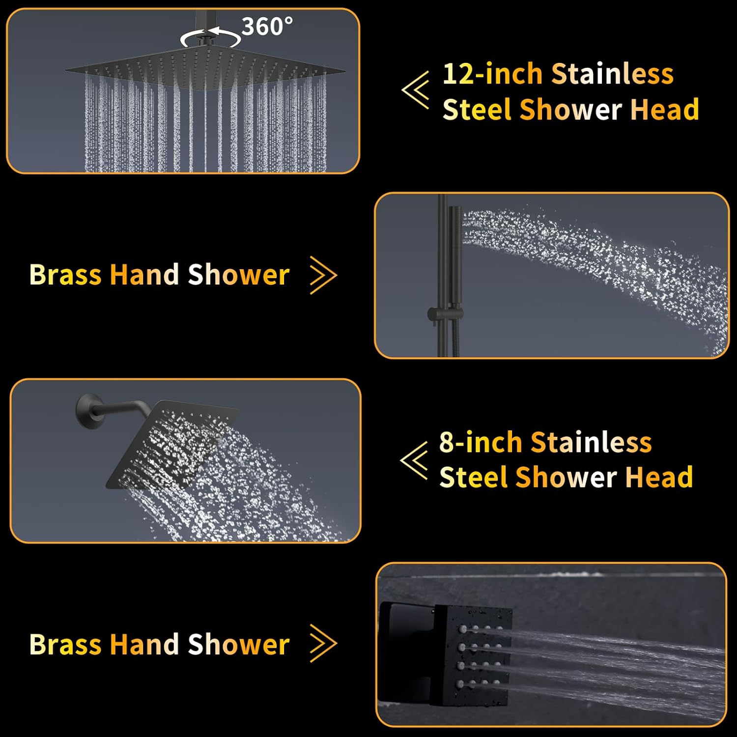 AYIVG Matte Black Thermostatic Dual Rainfall Full Body Shower System with 2 In 1 Hand shower Wand Adjustable Slide Bar 12 Inch and 8 Inch Rain Shower Head 6 Jets Temperature Display Shower Faucet Set