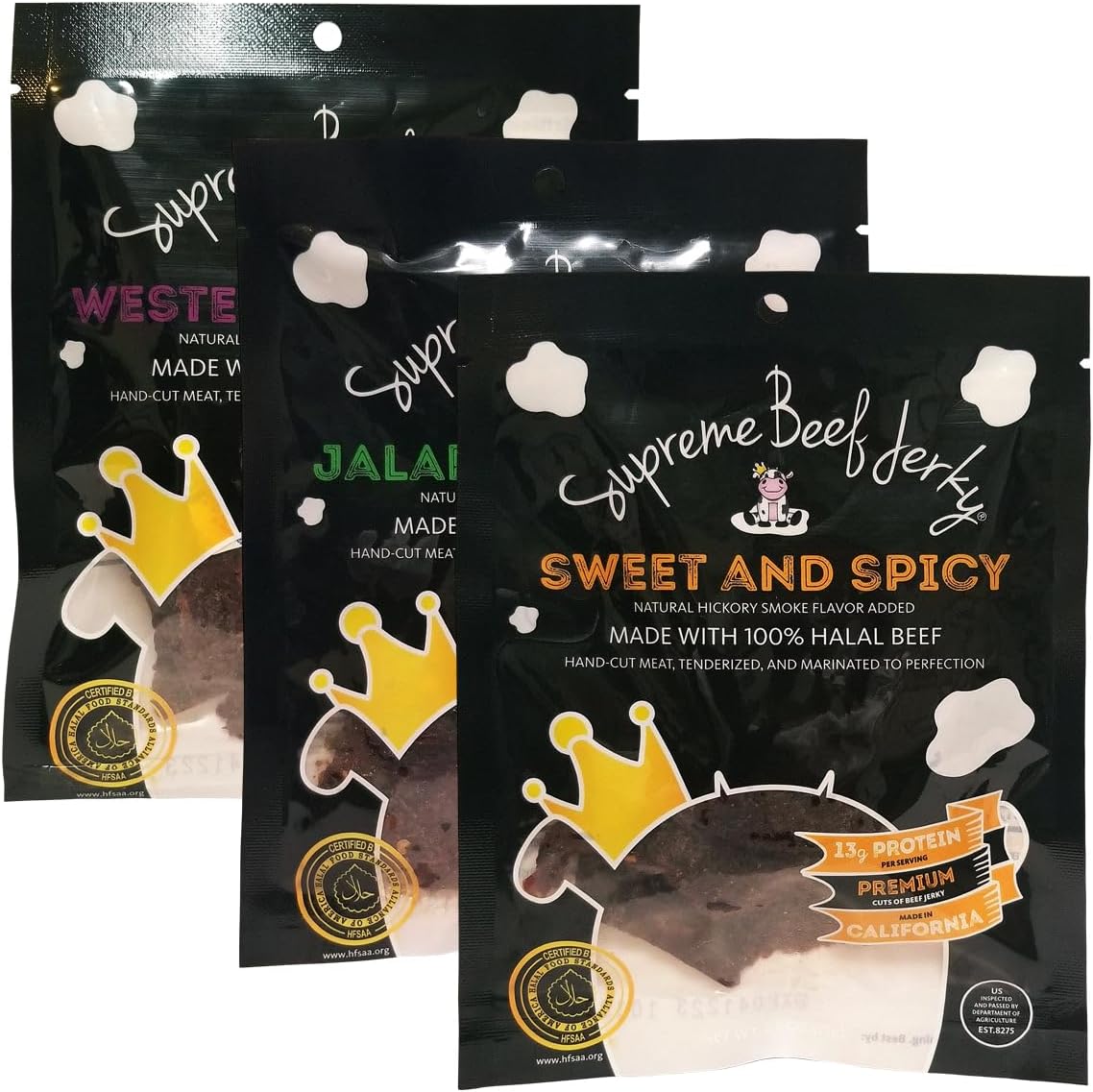 Supreme Beef Jerky, Halal Beef Jerky, Zabiha Halal Certified Beef, Handcrafted Gourmet Meat Snacks, 2.5 oz, Sweet and Spicy, Jalapeno Garlic and Western Teriyaki, 2.5 Ounce B2G1 3-Pack