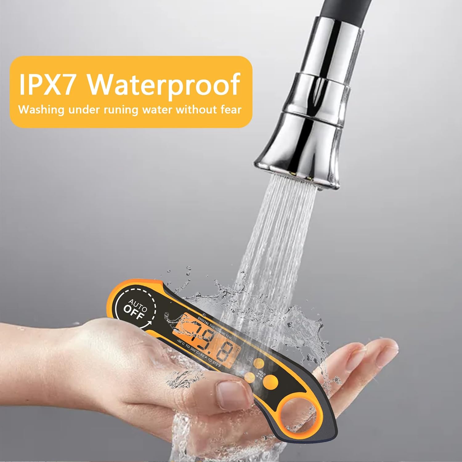 review Instant Read Meat Thermometer for Cooking, Kitchen Gadgets Digital Waterproof Food Thermometer Foldable Probe for BBQ Grilling Outdoor (Orange)