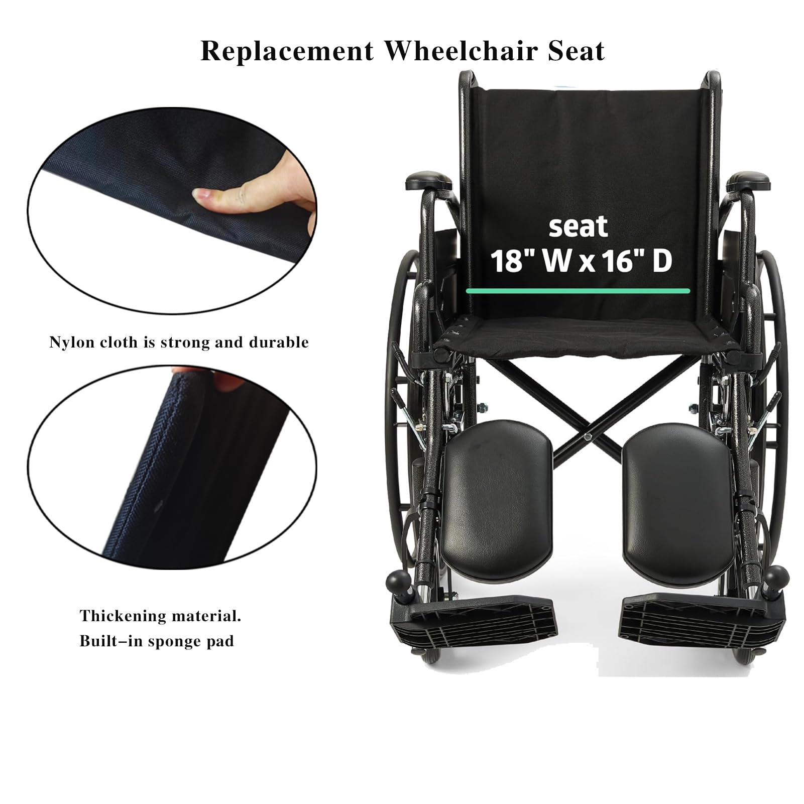 Asiento para silla de ruedas de 18 pulgadas, asiento de repuesto para silla de ruedas, tapicería de asiento de nailon, pieza de repuesto para silla de ruedas (18 x 16), universal (18 pulgadas)
