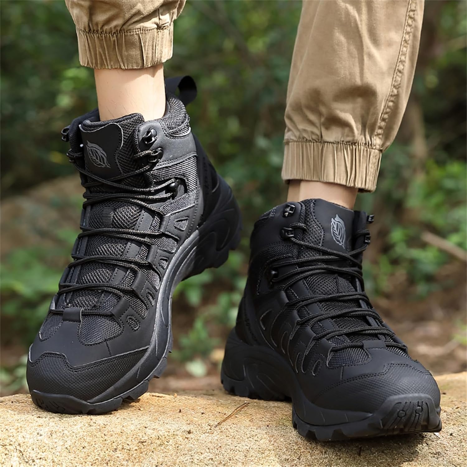 Men's Leather Mid Top Lace Up Waterproof Ankle Hiking Backpacking Boots Casual Round Toe Non Slip Military Tactical Boots for Trail Trekking Camping Walking Hunting Hiking Adventures Outdoor