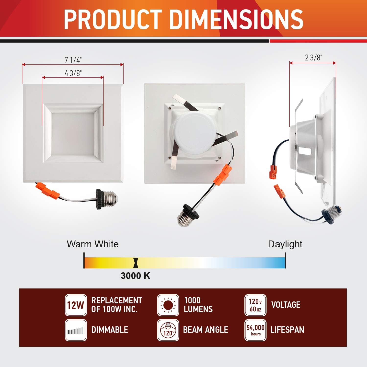 Exclusive Discount 70% Price OSTWIN (12 Pack) 6 Inch Square LED Recessed Downlight, Baffle Trim, Dimmable, 12W (100W Replacement), 1000 Lm, 3000K (Warm White), Wet Rated, Retrofit Installation, ETL Listed