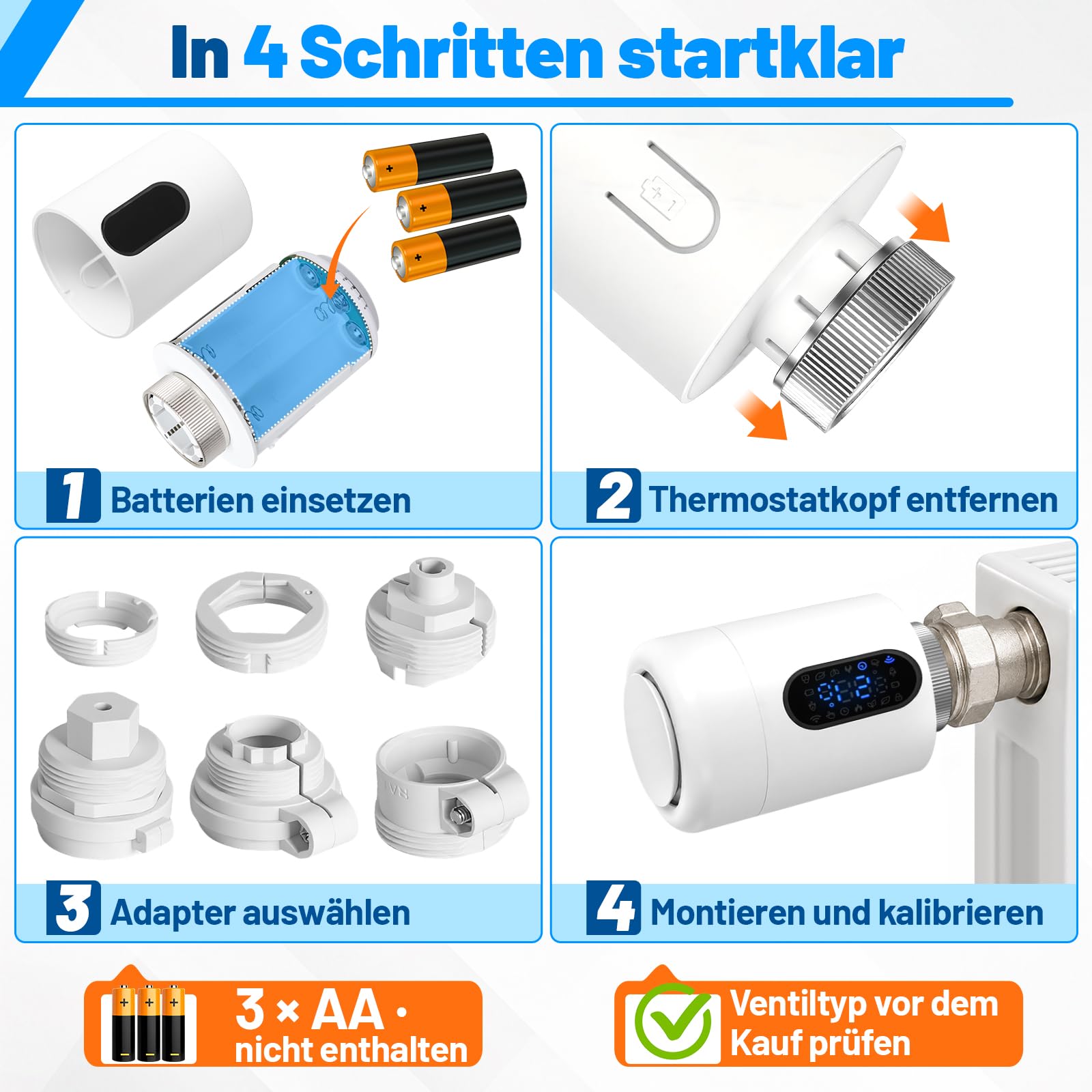 Lot de 3 thermostats de radiateur 2,4 GHz Wi-Fi sans hub Blanc
