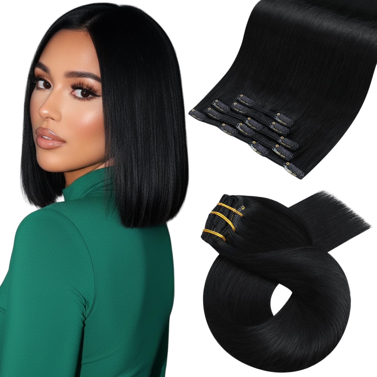 Moresoo Jet Black Clip in Hair Extensions Human Hair Jet Black Human Hair Extensions Clip ins Short Remy Human Hair for Women Double Weft 80g/5pcs 10