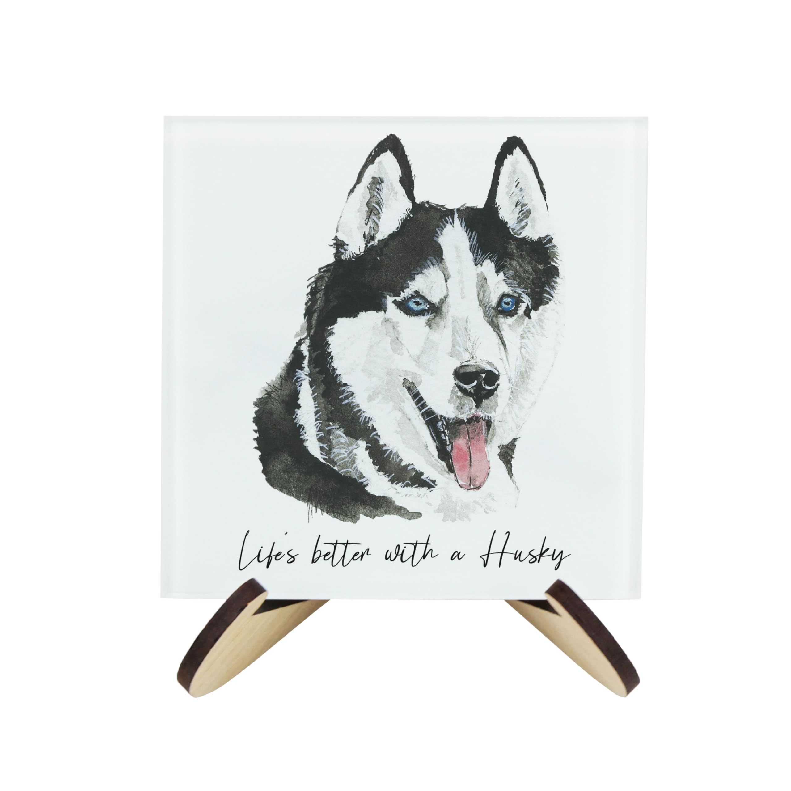 Husky Coaster Set - Life's Better With a Dog Gift - Square Glass Set of Four (4) Coasters & Wood-Effect Stand